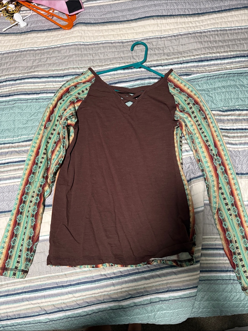 Cowgirl Tuff Brown Long Sleeve Top with Patterned Stripe Sleeves